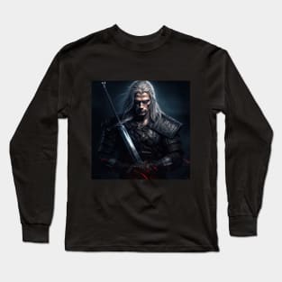 Witcher with sword on dark background Long Sleeve T-Shirt